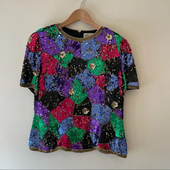 Vintage Black Tie Oleg Cassini Multi Colored Sequin Festival Top - Picture 1 of 4